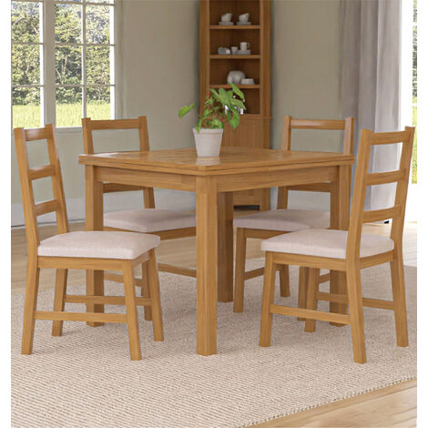 Hallowood Furniture Waverly Extendable Oak Dining Table and Chairs Set 4, Rectangular Small Kitchen Table and Chairs with Ladder Back and Beige Fabric Padded Seats for Home and Café (1/5)