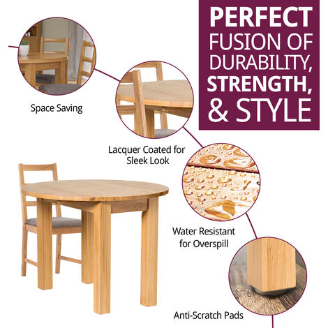 Hallowood Furniture Waverly Oak Small Light Oak Dining Table and Chairs Set 4, Round Drop Leaf Dining Table and Ladder Back Chairs in Grey Fabric Seat, Home and Café Dining Table Set