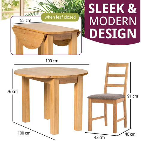 Hallowood Furniture Waverly Oak Small Light Oak Dining Table and Chairs Set 4, Round Drop Leaf Dining Table and Ladder Back Chairs in Grey Fabric Seat, Home and Café Dining Table Set