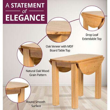 Hallowood Furniture Waverly Oak Small Light Oak Dining Table and Chairs Set 4, Round Drop Leaf Dining Table and Ladder Back Chairs in Grey Fabric Seat, Home and Café Dining Table Set