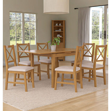 Hallowood Furniture Waverly Extendable Oak Dining Table and Chairs Set 6, Rectangular Kitchen Small Table and Chairs with Cross Back and Beige Fabric Padded Seats Dining Room Sets for Home and Café (1/5)