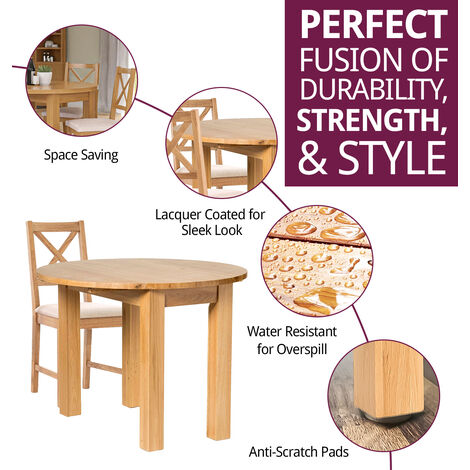 Hallowood Furniture Waverly Oak Small Light Oak Dining Table and Chairs Set 4, Round Drop Leaf Dining Table and Cross Back Chairs in Beige Fabric Seat, Home and Café Dining Table Set