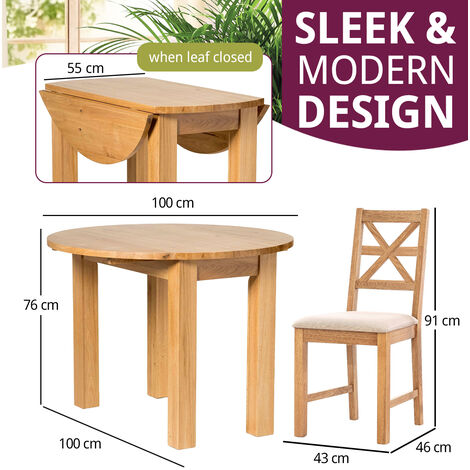 Hallowood Furniture Waverly Oak Small Light Oak Dining Table and Chairs Set 4, Round Drop Leaf Dining Table and Cross Back Chairs in Beige Fabric Seat, Home and Café Dining Table Set