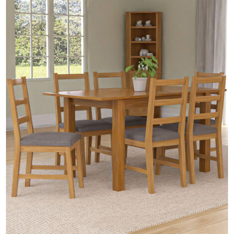 Hallowood Furniture Camberley Oak Extendable Dining Table and Chairs Set 6, Rectangular Butterfly Table and Chairs in Ladder Back Design and Light Grey Fabric Seats, Ideal for Home and Café (1/5)
