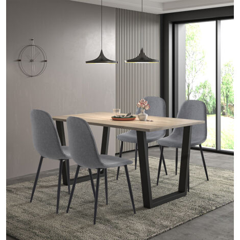 Hallowood Furniture Dudley Dining Table and Chairs Set 4, Dinner Table with Chunky U Shaped Metal Legs and Dark Grey Fabric Chairs, Dining Room Sets for Home and Cafe (150cm) (1/5)