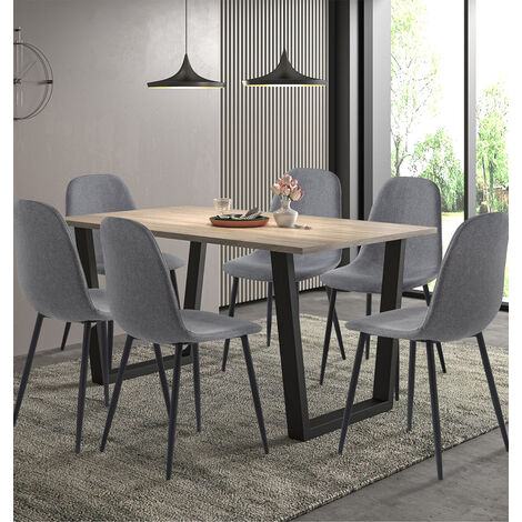 Hallowood Furniture Dudley Table and Chairs Set 6, Large Dining Table with Black U Shaped Legs and Six Dark Grey Fabric Chairs, Modern Dining Room Sets for Home, Cafe, and Restaurants (1/5)