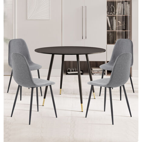 Hallowood Furniture Finley Small Round Dining Table and Chairs Set 4 with Oak Effect Top, Metal Legs, and Dark Grey Fabric Dining Chairs Set of 4 for Home, Office, or Café Use (1/5)
