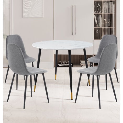 Hallowood Furniture Finley Small Table and Chairs Set 4, Round Dining Table with White Marble Effect Table Top & Dark Grey Fabric Chairs, Dining Room Set for Home & Café