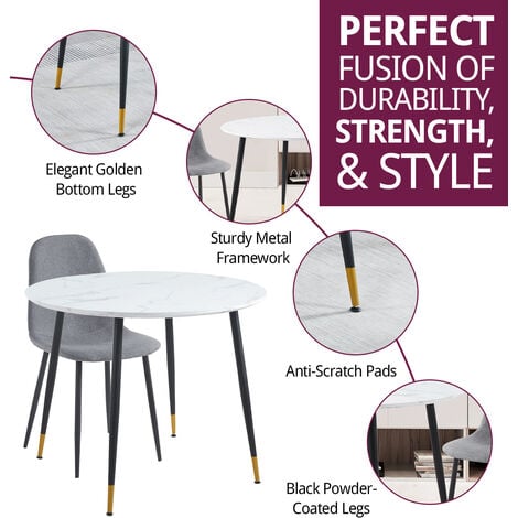 Hallowood Furniture Finley Small Table and Chairs Set 4, Round Dining Table with White Marble Effect Table Top & Dark Grey Fabric Chairs, Dining Room Set for Home & Café
