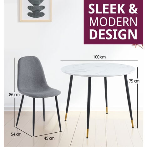 Hallowood Furniture Finley Small Table and Chairs Set 4, Round Dining Table with White Marble Effect Table Top & Dark Grey Fabric Chairs, Dining Room Set for Home & Café