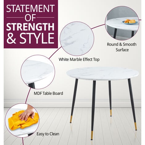 Hallowood Furniture Finley Small Table and Chairs Set 4, Round Dining Table with White Marble Effect Table Top & Dark Grey Fabric Chairs, Dining Room Set for Home & Café