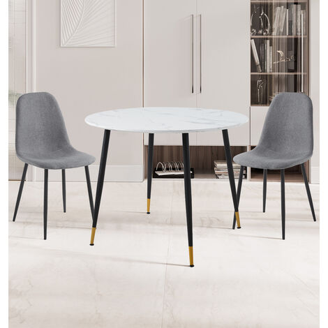Hallowood Furniture Finley Small Dining Table and 2 Chairs, Round Dinner Table for 2 with White Marble Effect Top and Dark Grey Fabric Chairs, Dining Room Sets for Home and Cafe (1/5)