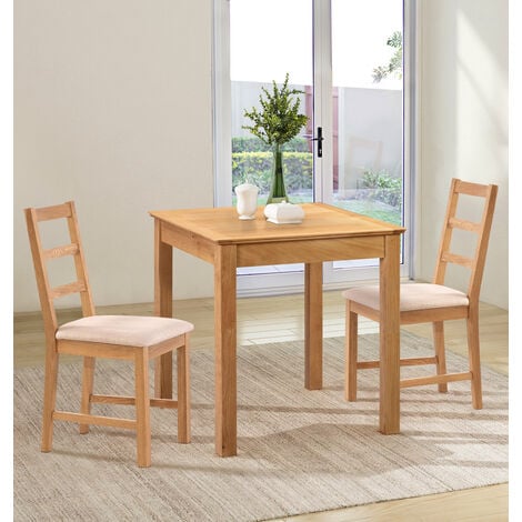 Hallowood Furniture Hereford Oak Small Dining Table and 2 Chairs with Ladder Back, Solid Wooden Square Table and Chairs in Beige Seat, Kitchen Table & Small Chairs, Dining Room Set
