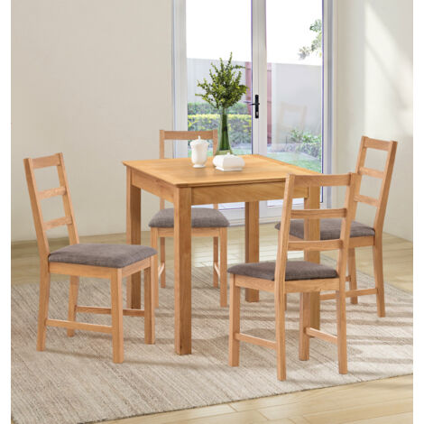Hallowood Furniture Hereford Oak Small Dining Table and Chairs Set 4, Square Solid Oak Kitchen Table and Chairs with Ladder Back and Grey Fabric Padded Seats, Dining Room Sets for Home and Café