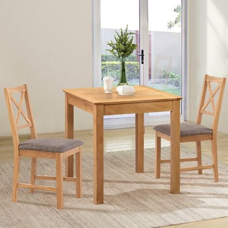 Hallowood Furniture Hereford Oak Dining Table and Chairs Set 2, Small Kitchen Table (75cmx75cm) & Cross Back Chairs in Grey Seat Pads, Square Dining Table Set for Home & Cafe