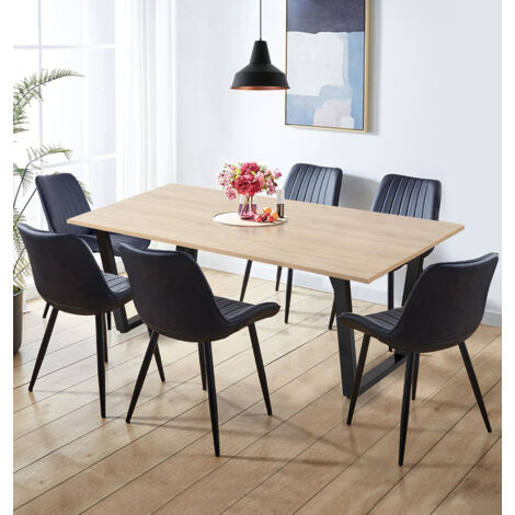 Hallowood Dudley Dining Table and Chairs Set 6, Modern Table and Chairs Set 6 with U-Shaped Metal Legs and Black Bonded Leather Chairs for Home or Cafe Use (180cm) (1/5)