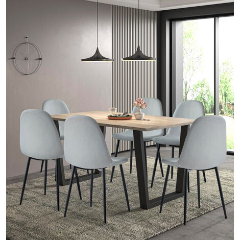 Hallowood Furniture Dudley Dining Table and Chairs Set 6, Large Oak Effect Kitchen Table (150cm) with Chunky Black U-Shaped Metal Legs and Grey Fabric Chairs, Modern Dining Set