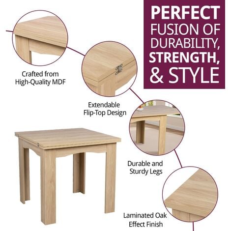 Hallowood Furniture Newquay Oak Effect Flip Top Extending Rectangular Dining Table, Fold Away, Folding Wooden Kitchen Table with Extendable Leaves for Home & Restaurant