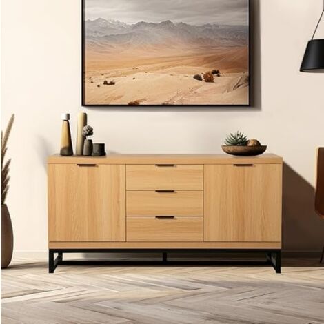 Hallowood Furniture Newquay Large Sideboard with Black Metal Base, 150cm Sideboard Cabinet with 3 Drawers and 2 Compartments with Shelf, Ideal Dining Room, Bedroom or Living Room Furniture