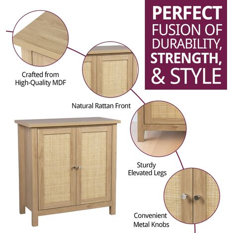 Hallowood Furniture Newquay Oak Effect Cupboard with Rattan Front, Small Wooden Storage Cabinet for Bedroom & Hallway, Kitchen Storage Cabinet, Living Room Cupboard Storage