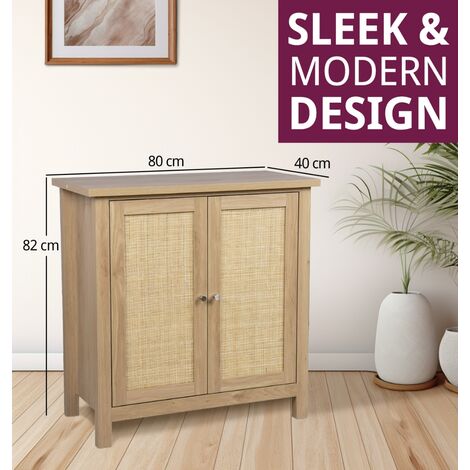 Hallowood Furniture Newquay Oak Effect Cupboard with Rattan Front, Small Wooden Storage Cabinet for Bedroom & Hallway, Kitchen Storage Cabinet, Living Room Cupboard Storage