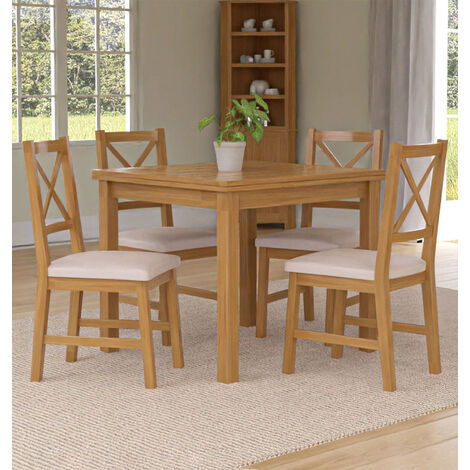 Hallowood Furniture Waverly Extendable Oak Dining Table and Chairs Set 4, Rectangular Small Kitchen Table and Chairs with Cross Back and Beige Fabric Padded Seats for Home and Café