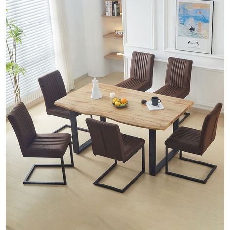 Hallowood Furniture Cullompton Wooden Dining Table and Chairs Set 6, Live Edge Effect Rectangular Kitchen Table with U Shaped Legs and Brown Chairs, Dining Room Sets for Home or Cafe (1/5)