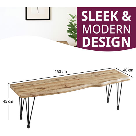 Hallowood Furniture Cullomption Wooden Dining Bench, Live Edge Effect Wooden Bench with Black Metal Legs Industrial Style, Modern Kitchen Bench for Home & Café (150cm)