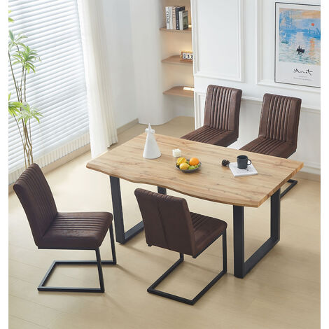 Hallowood Furniture Cullompton Large Wooden Dining Table and Chairs Set 4, Live Edge Effect Rectangular Kitchen Table in U Shaped Legs and Brown Chairs, Dining Room Sets for Home or Cafe (1/5)