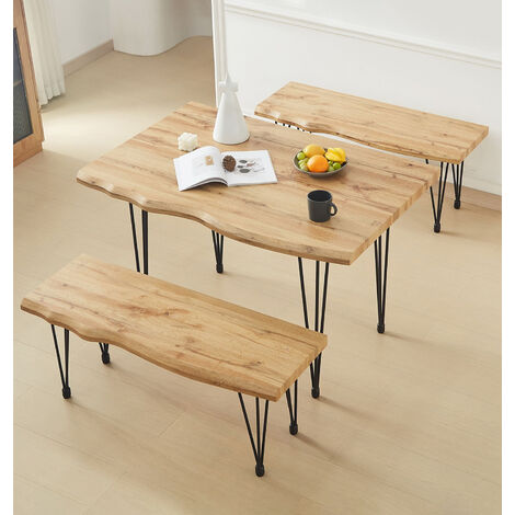 Hallowood Furniture Cullompton Large Dining Table Set, Live Edge Effect Dining Table (120cm) with Black Metal Legs & 2 Benches (110cm), Dining Room Set for Home, Cafe & Office