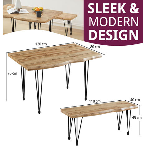 Hallowood Furniture Cullompton Large Dining Table Set, Live Edge Effect Dining Table (120cm) with Black Metal Legs & 2 Benches (110cm), Dining Room Set for Home, Cafe & Office