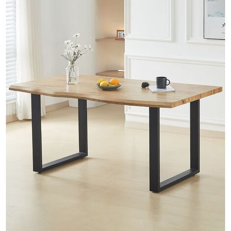 Hallowood Furniture Cullompton Large Dining Table, Live Edge Effect with Black U Shaped Legs Kitchen Table, Modern Wooden Dining Table for Home, Restaurant & Office (160cm)