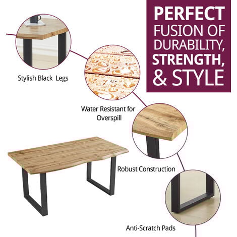 Hallowood Furniture Cullompton Large Dining Table, Live Edge Effect with Black U Shaped Legs Kitchen Table, Modern Wooden Dining Table for Home, Restaurant & Office (160cm)