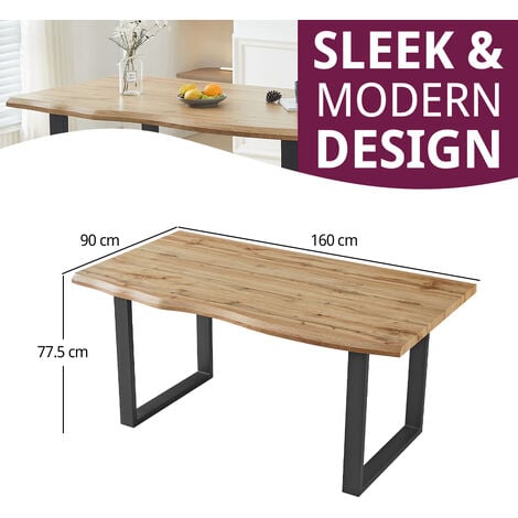 Hallowood Furniture Cullompton Large Dining Table, Live Edge Effect with Black U Shaped Legs Kitchen Table, Modern Wooden Dining Table for Home, Restaurant & Office (160cm)