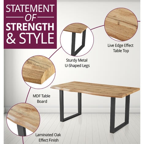 Hallowood Furniture Cullompton Large Dining Table, Live Edge Effect with Black U Shaped Legs Kitchen Table, Modern Wooden Dining Table for Home, Restaurant & Office (160cm)