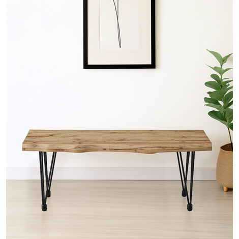 Hallowood Furniture Cullomption Wooden Dining Bench, Live Edge Effect Wooden Bench with Black Metal Legs Industrial Style, Modern Kitchen Bench for Home & Café (110cm)