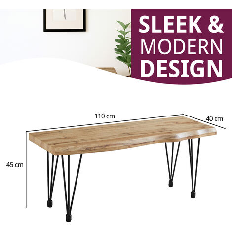 Hallowood Furniture Cullomption Wooden Dining Bench, Live Edge Effect Wooden Bench with Black Metal Legs Industrial Style, Modern Kitchen Bench for Home & Café (110cm)