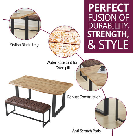 Hallowood Furniture Cullompton Large Dining Table Set, Live Edge Effect Dining Table with Black U Shaped Legs and Brown Soft-Padded Dining Bench, Dining Table Set with Bench