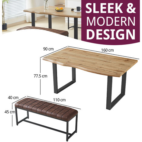 Hallowood Furniture Cullompton Large Dining Table Set, Live Edge Effect Dining Table with Black U Shaped Legs and Brown Soft-Padded Dining Bench, Dining Table Set with Bench