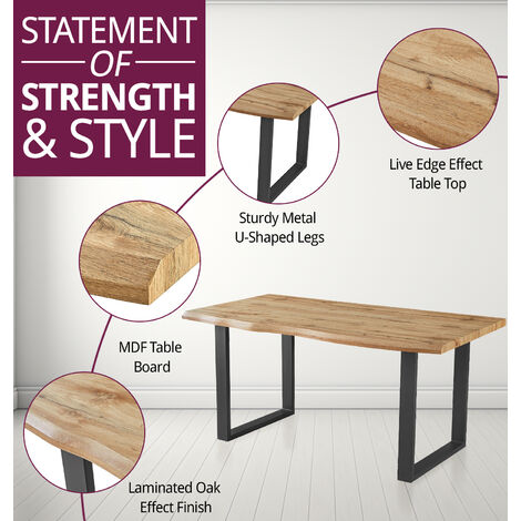 Hallowood Furniture Cullompton Large Dining Table Set, Live Edge Effect Dining Table with Black U Shaped Legs and Brown Soft-Padded Dining Bench, Dining Table Set with Bench
