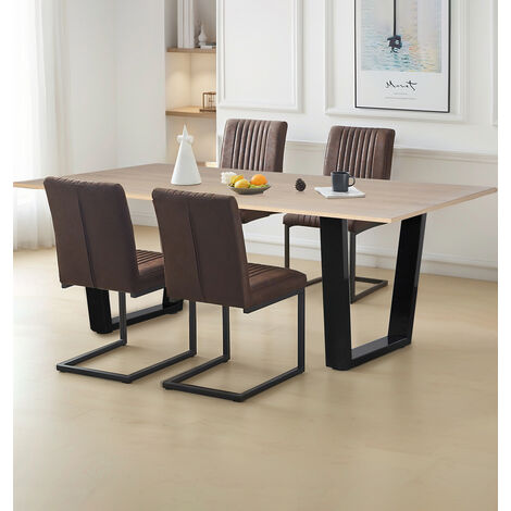 Hallowood Furniture Dudley Dining Table and Chairs Set 4, 180cm Kitchen Table with U Shaped Metal Legs and Brown Leather Effect Cantilever Chairs, Dining Room Sets for Cafe, Office and Home (1/5)