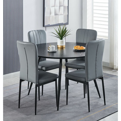 Hallowood Furniture Cullompton Round Dining Table and Chairs Set 4, Large Black Wooden Effect Dining Table (120cm) & Light Grey Faux Leather Chairs, Dining Room Set for Home & Cafe