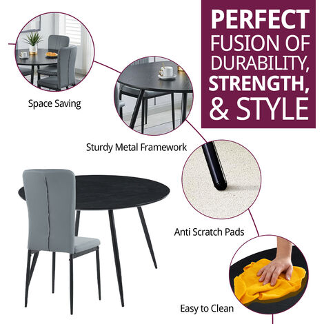 Hallowood Furniture Cullompton Round Dining Table and Chairs Set 4, Large Black Wooden Effect Dining Table (120cm) & Light Grey Faux Leather Chairs, Dining Room Set for Home & Cafe
