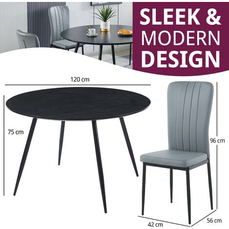 Hallowood Furniture Cullompton Round Dining Table and Chairs Set 4, Large Black Wooden Effect Dining Table (120cm) & Light Grey Faux Leather Chairs, Dining Room Set for Home & Cafe