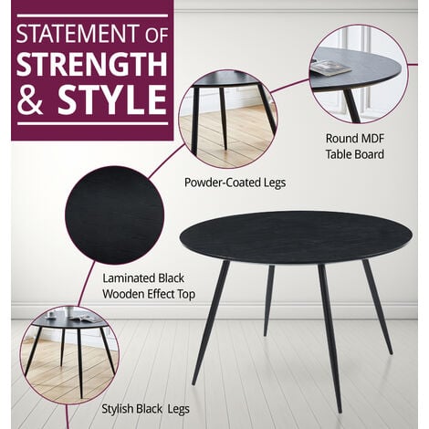 Hallowood Furniture Cullompton Round Dining Table and Chairs Set 4, Large Black Wooden Effect Dining Table (120cm) & Light Grey Faux Leather Chairs, Dining Room Set for Home & Cafe