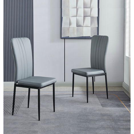 Hallowood Furniture – Set of 2 dining chairs – Upholstered light grey faux leather – Solid back and sturdy black metal legs – For home, office and cafe (1/5)