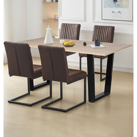 Hallowood Furniture Dudley Dining Table and Chairs Set 4, Kitchen Table with U Shaped Metal Legs and Brown Leather Effect Cantilever Chairs for Home, Cafe and Office, Dining Table Set for 4 (1/5)