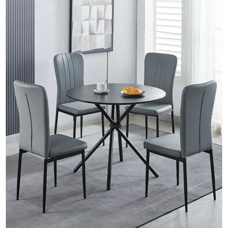 Hallowood Furniture Cullompton Small Round Dining Table and Chairs Set 4, Black Dining Table with Wooden Effect Top & Light Grey Faux Leather Chairs, Dining Room Set for Home, Cafe