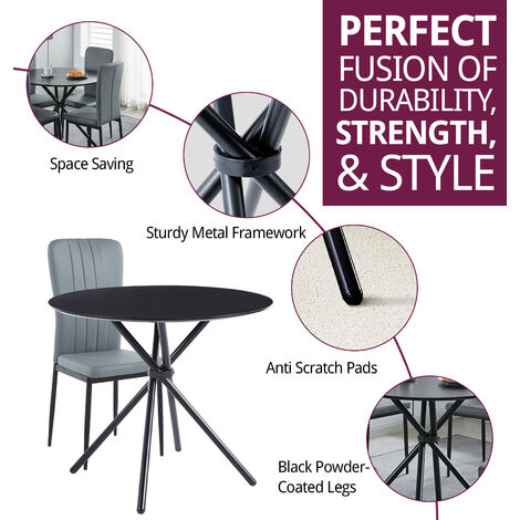 Hallowood Furniture Cullompton Small Round Dining Table and Chairs Set 4, Black Dining Table with Wooden Effect Top & Light Grey Faux Leather Chairs, Dining Room Set for Home, Cafe