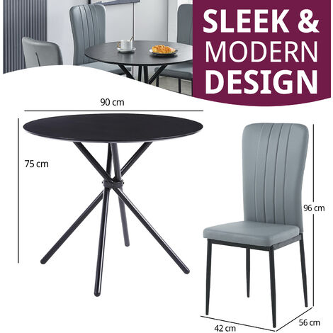 Hallowood Furniture Cullompton Small Round Dining Table and Chairs Set 4, Black Dining Table with Wooden Effect Top & Light Grey Faux Leather Chairs, Dining Room Set for Home, Cafe